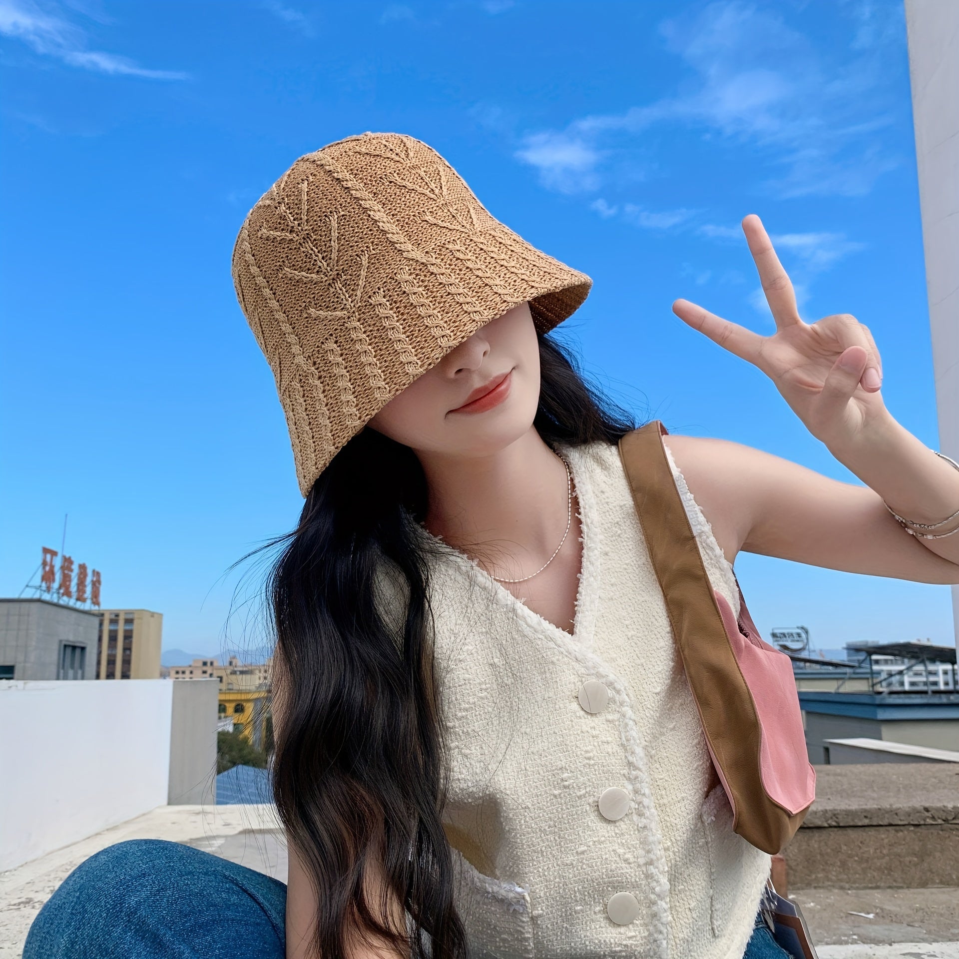 Ribbed Knitted Bucket Hat Solid Basin Hat Casual Sunscreen Travel Beach Hat