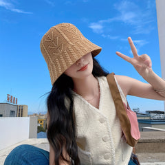 Ribbed Knitted Bucket Hat Solid Basin Hat Casual Sunscreen Travel Beach Hat