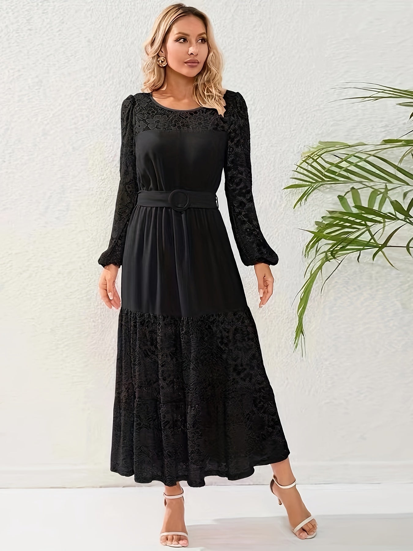 Lace Sleeve Round Neck Maxi Smock Dress