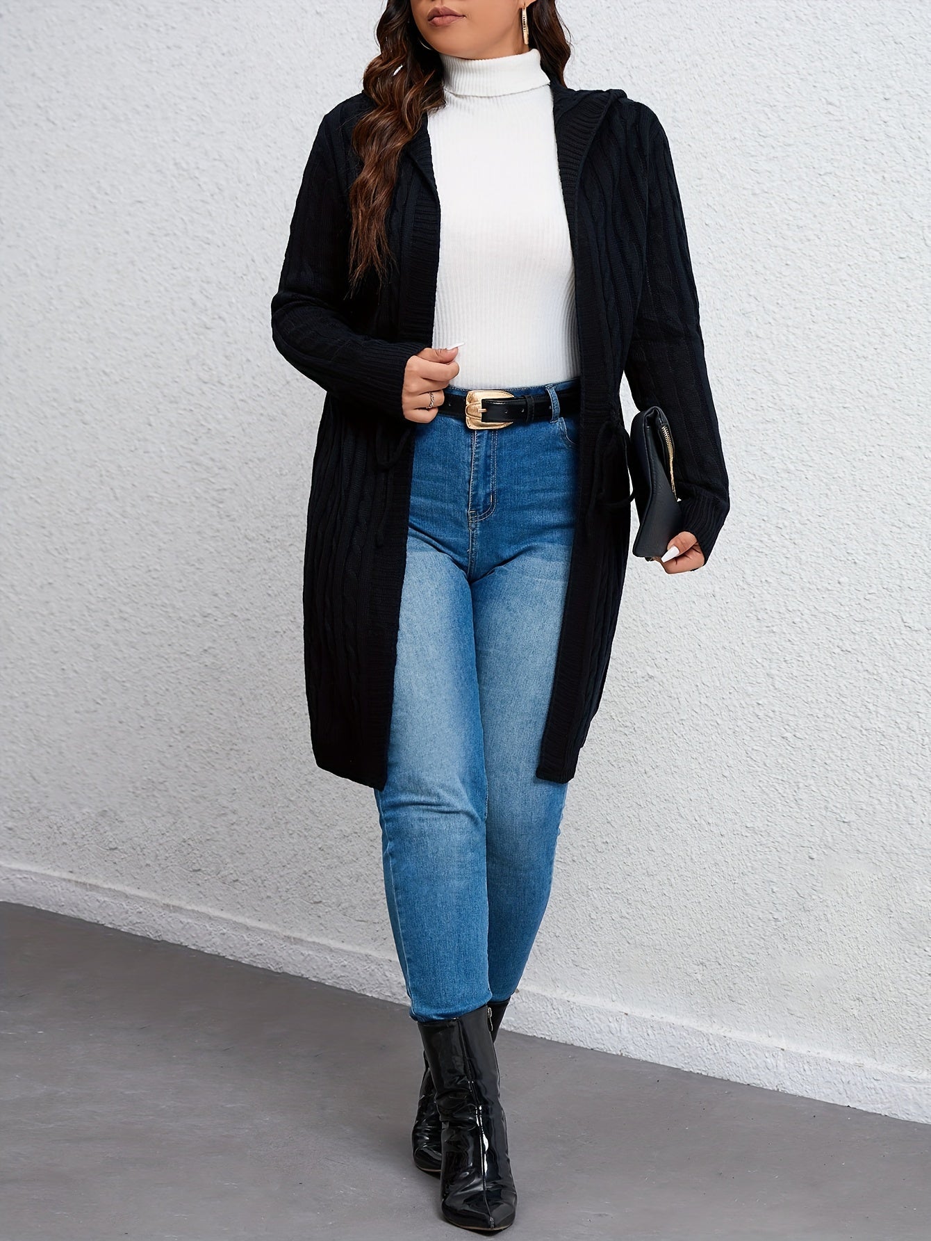  Casual Cardigan Women's Plus Solid Cable Long Sleeve Drawstring Hooded