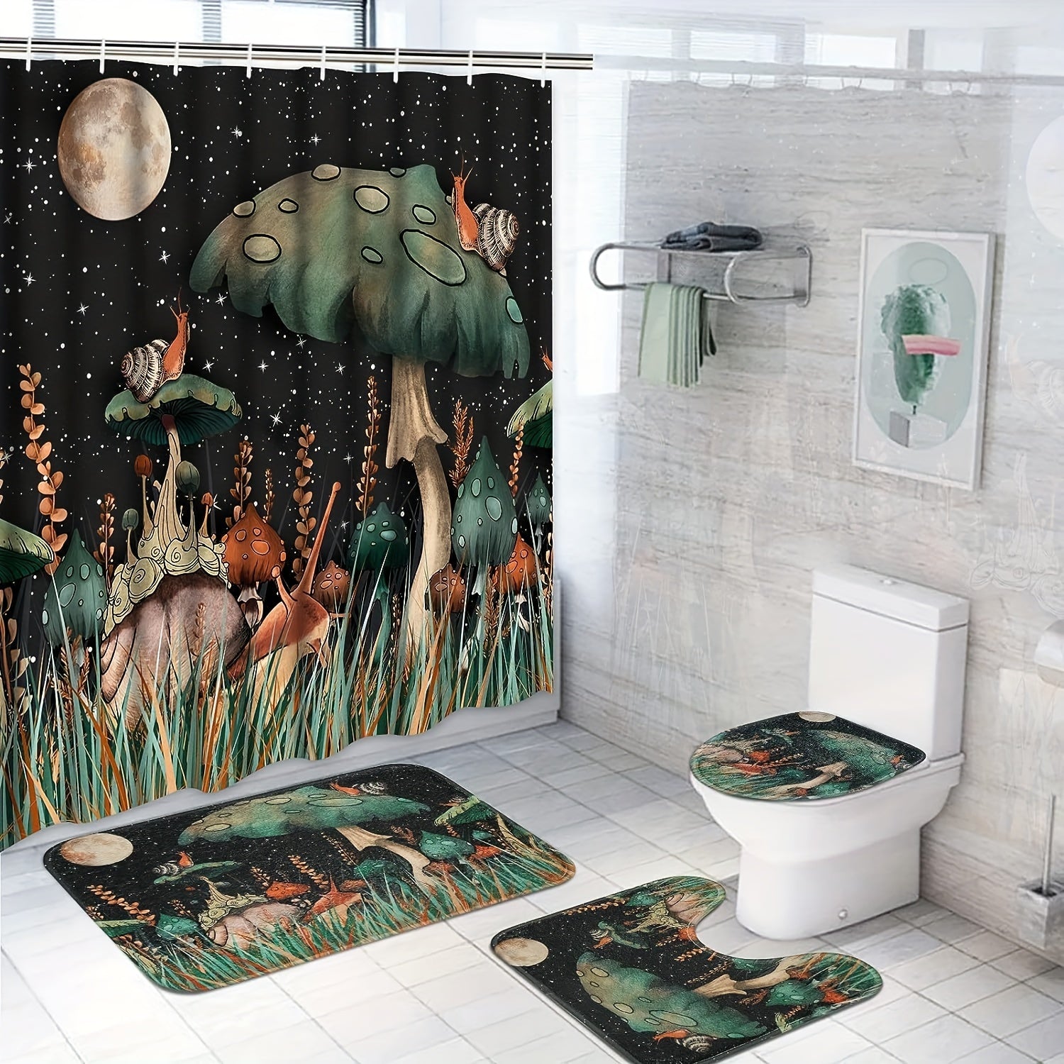 3pcs Bathroom Set with Mushroom Pattern Shower Curtain and Non Slip Bath Rug