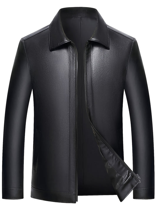 Men's Leather Jackets V neck Business Zipper Pockets