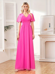 Solid V Neck Bridesmaid Dress Short Sleeve Maxi Wedding Party Dress
