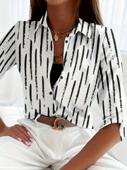  Stripe Print Button Up Long Sleeve Blouse
