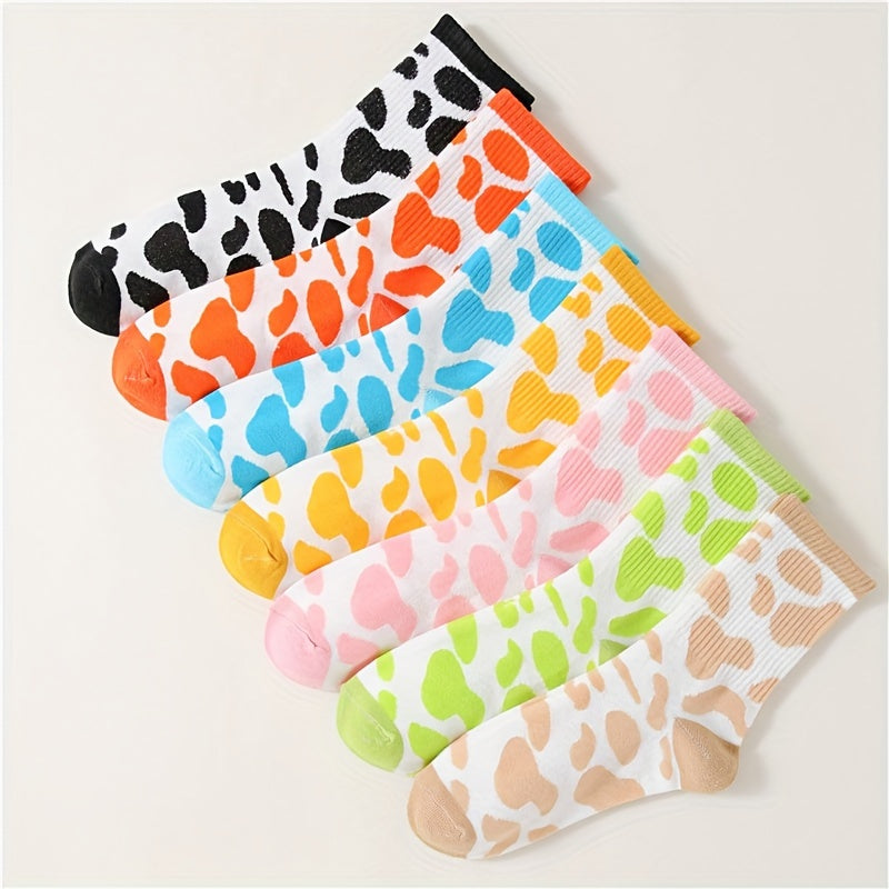 7 Pairs Cow Spot Print Socks Comfy & Breathable Mid Tube Socks