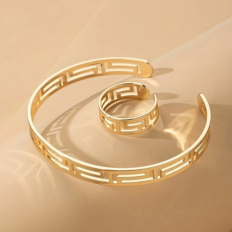 18K Plated Jewelry Set: Cuff Bangle Bracelet & Finger Ring Mother's Gift