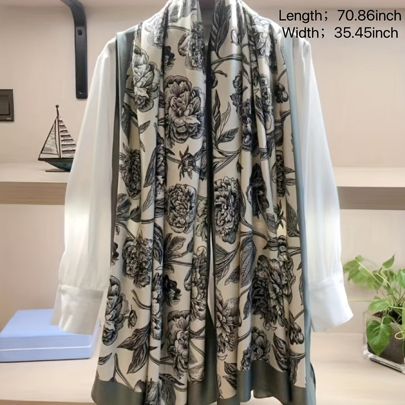 Vintage Peony Print Long Scarf Classic Large Shawl Oversized