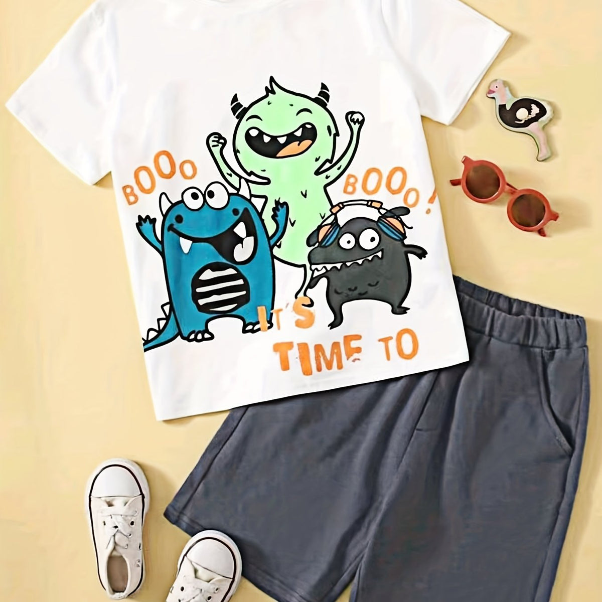 Boys Monster Print Casual Outfit T shirt & Shorts Kids Summer Clothes Sets