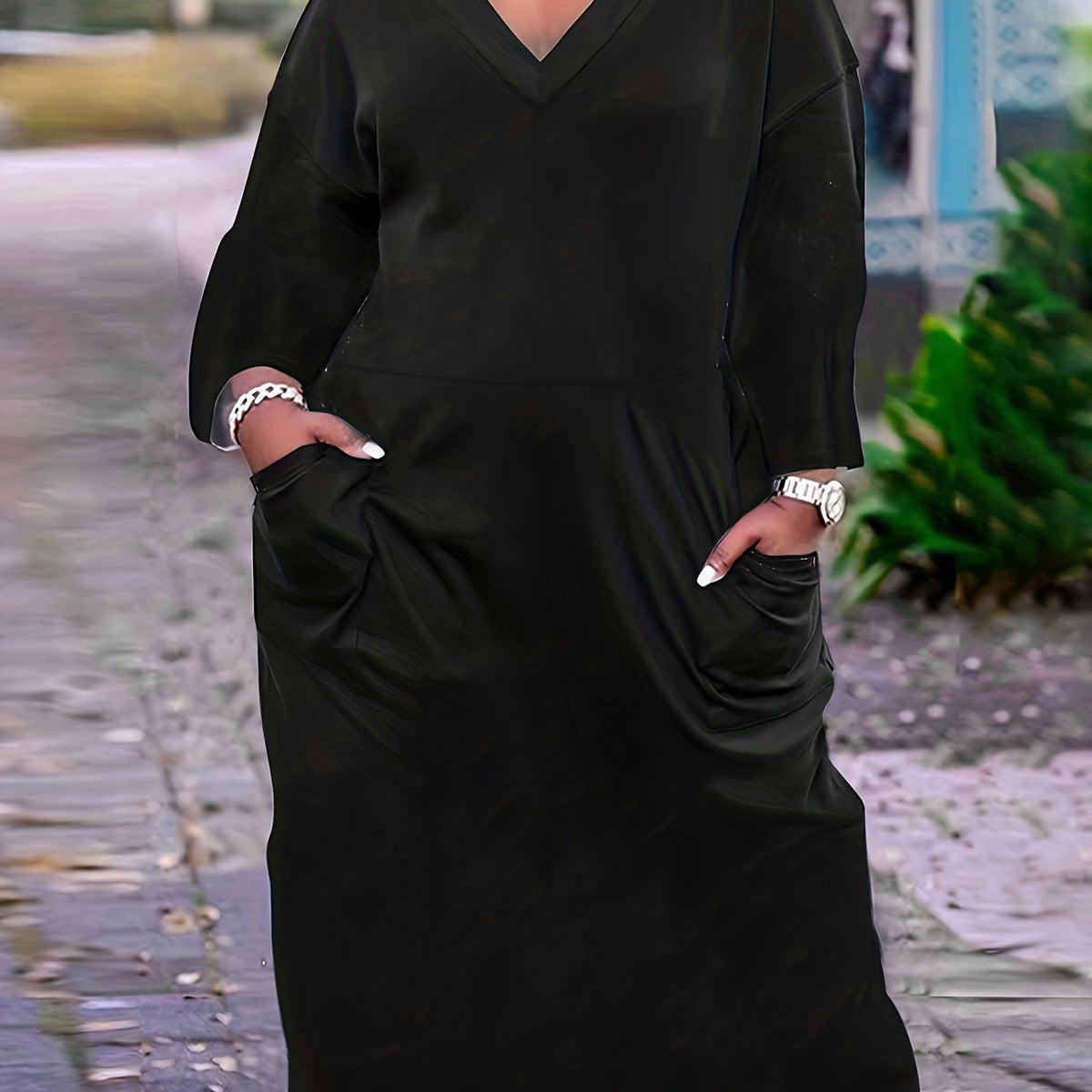  Solid Long Sleeve V Neck Maxi Dress