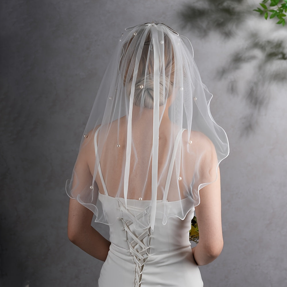 Pearl Bowknot Short Wedding Veil Soft Tulle Bridal Accessory