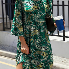  Boho Paisley Print Bell Sleeve Dress
