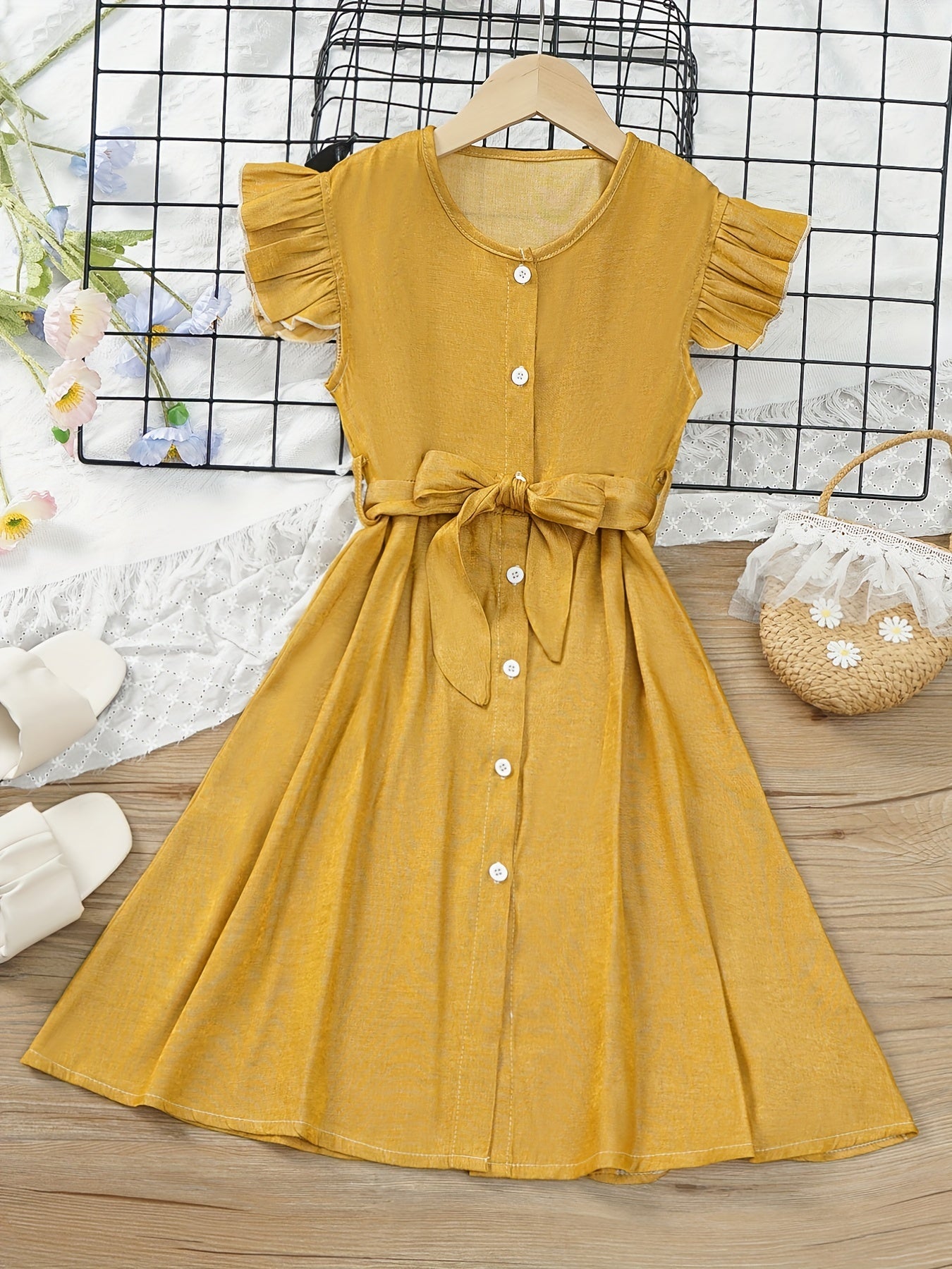 Toddler Girls Butterfly Sleeves Belted Dress