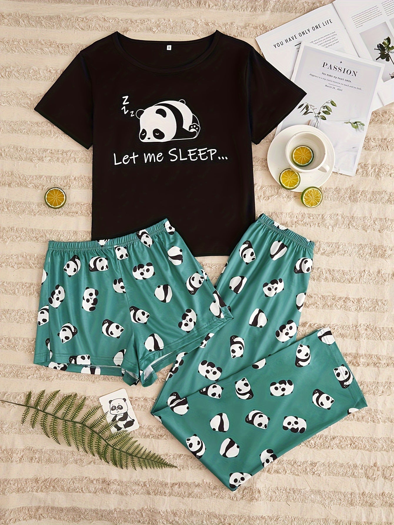 Panda Print Pajama Set Short Sleeve Top & Shorts Lounge Pants Women's Sleepwear