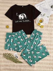 Panda Print Pajama Set Short Sleeve Top & Shorts Lounge Pants Women's Sleepwear