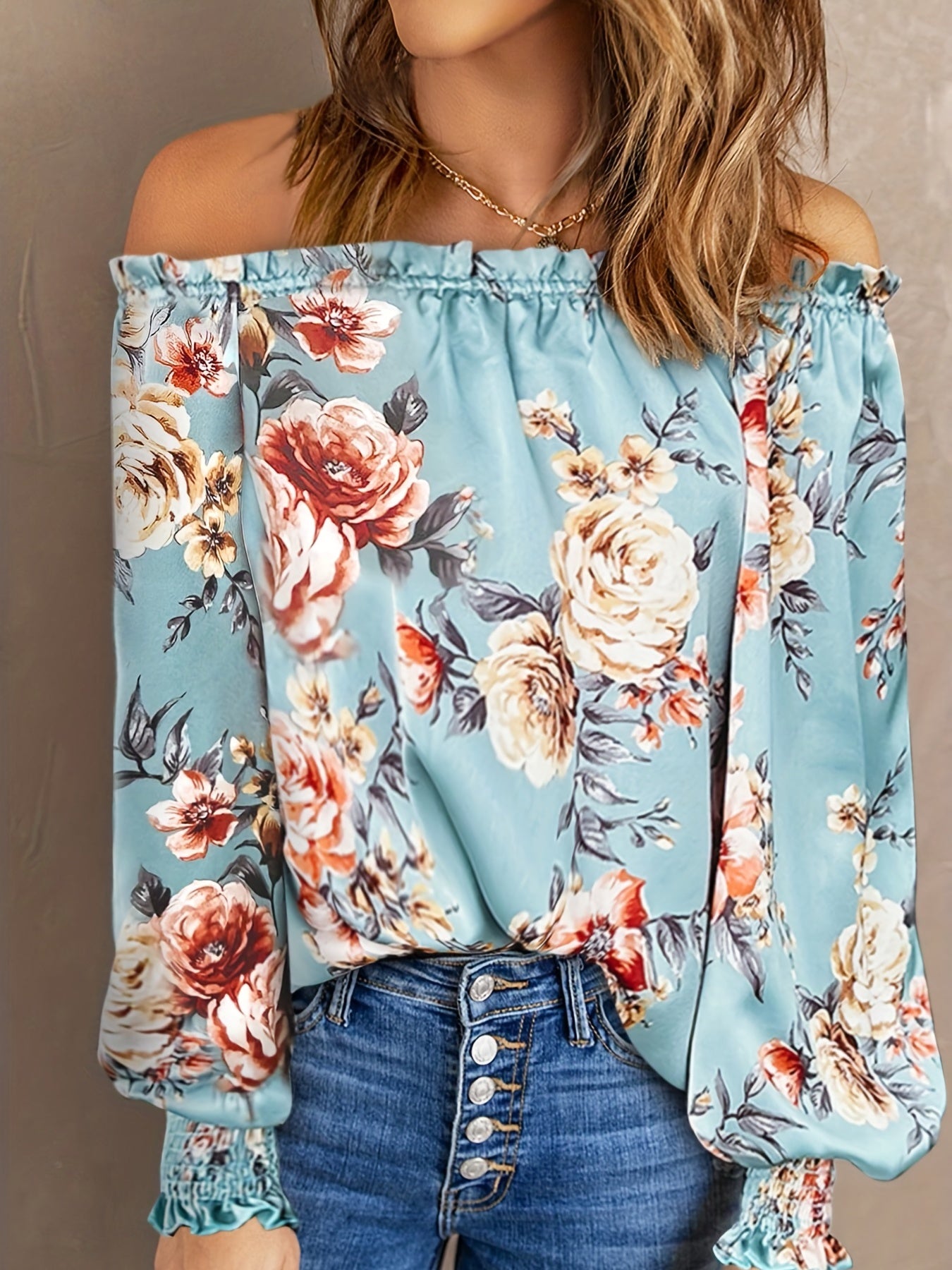  Floral Print Off Shoulder Lantern Sleeve Top