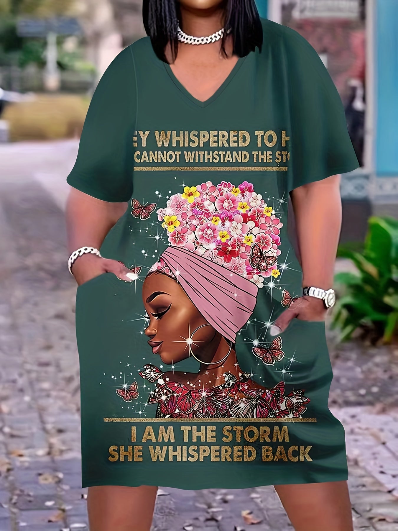  Cartoon Figure & Letter Print V Neck Tee Dress