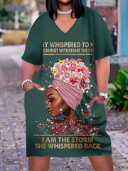  Cartoon Figure & Letter Print V Neck Tee Dress