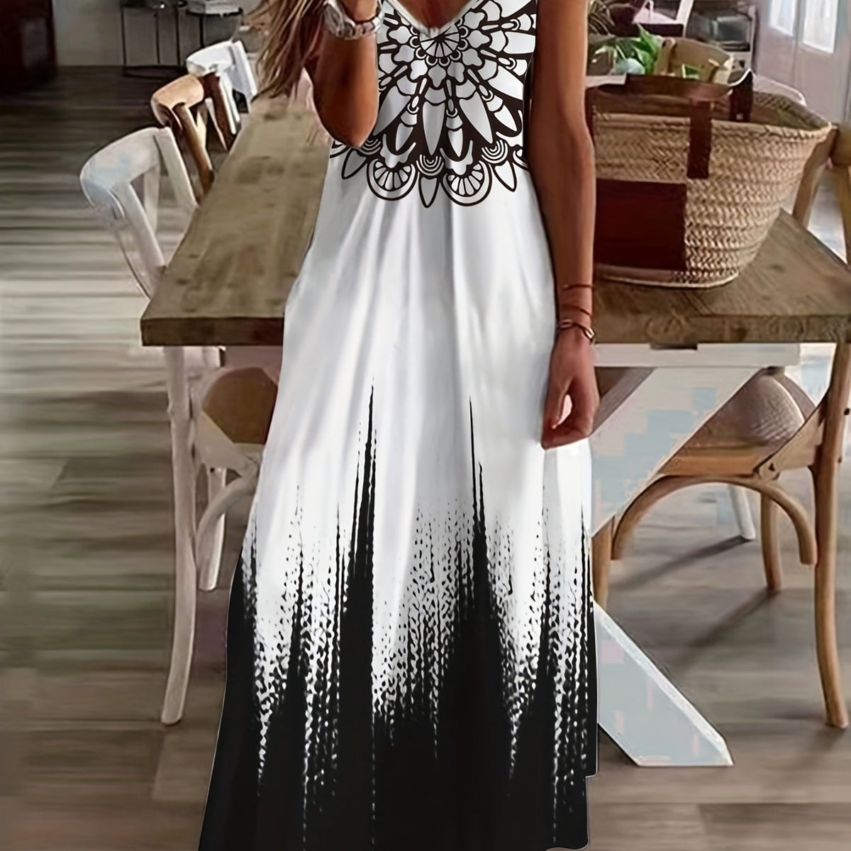  Ombre Print V Neck Maxi Dress