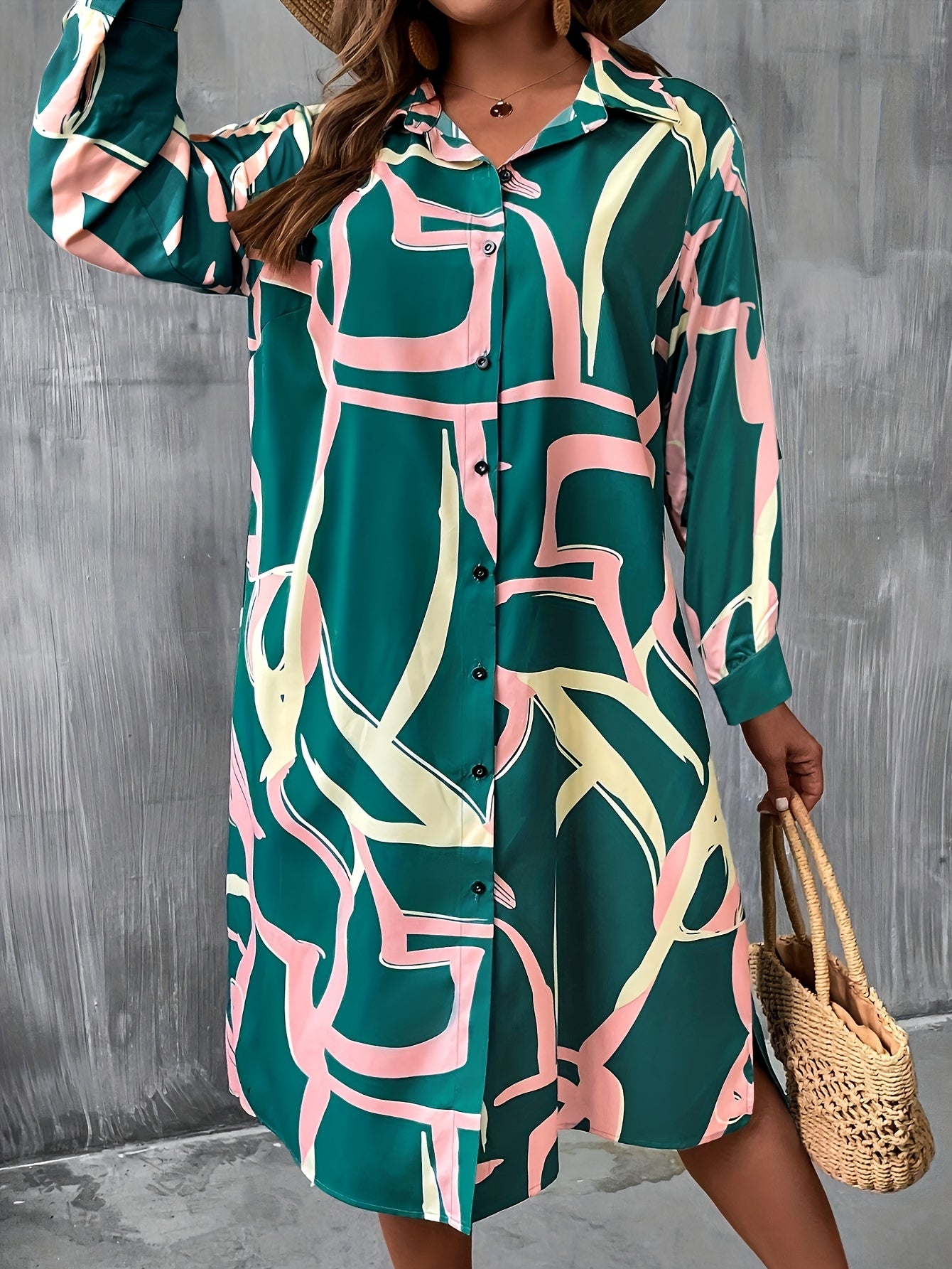  Abstract Print Long Sleeve Button Up Shirt Dress