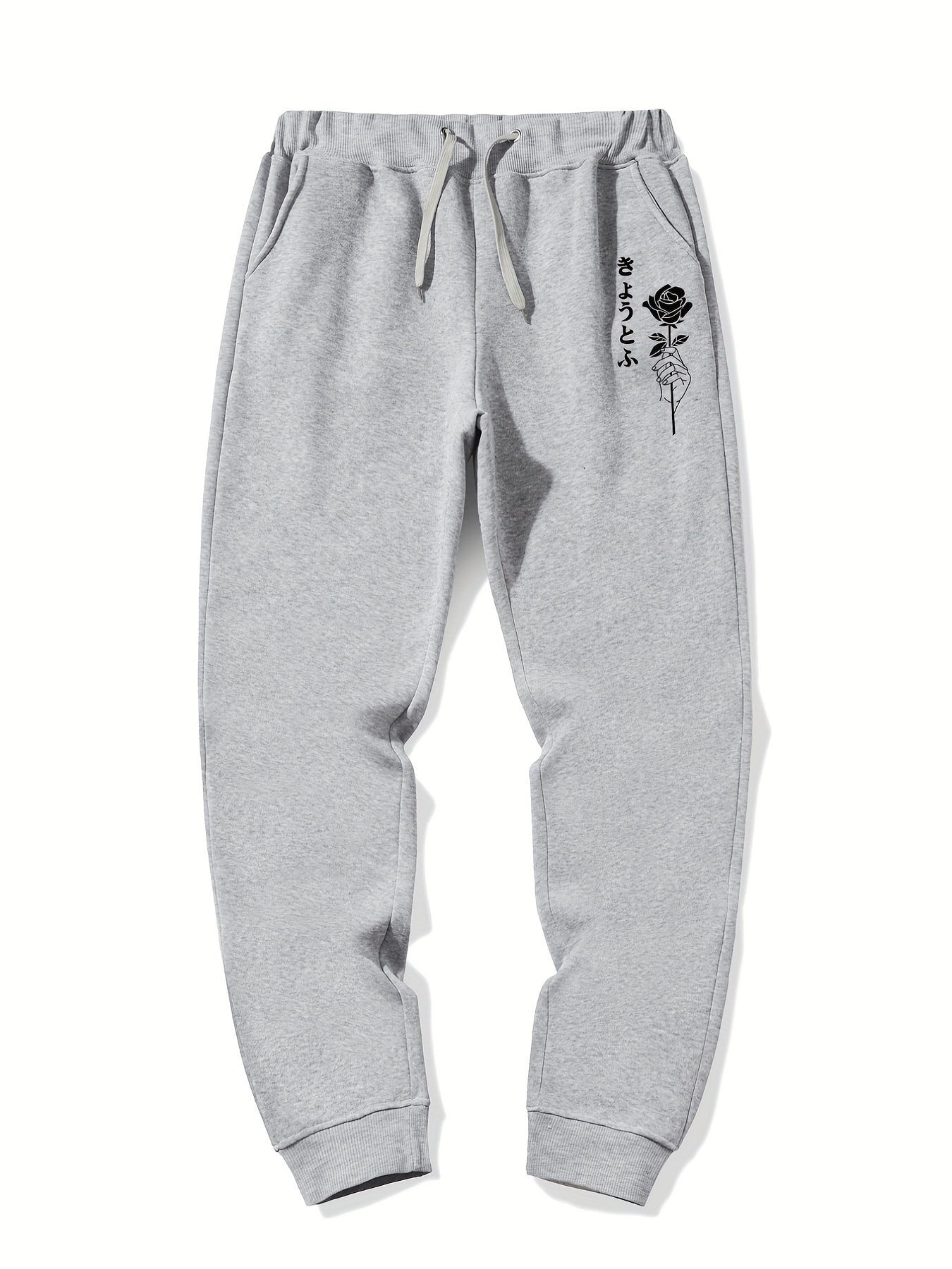 Rose & Kanji Print Men's Sweatpants with Pockets