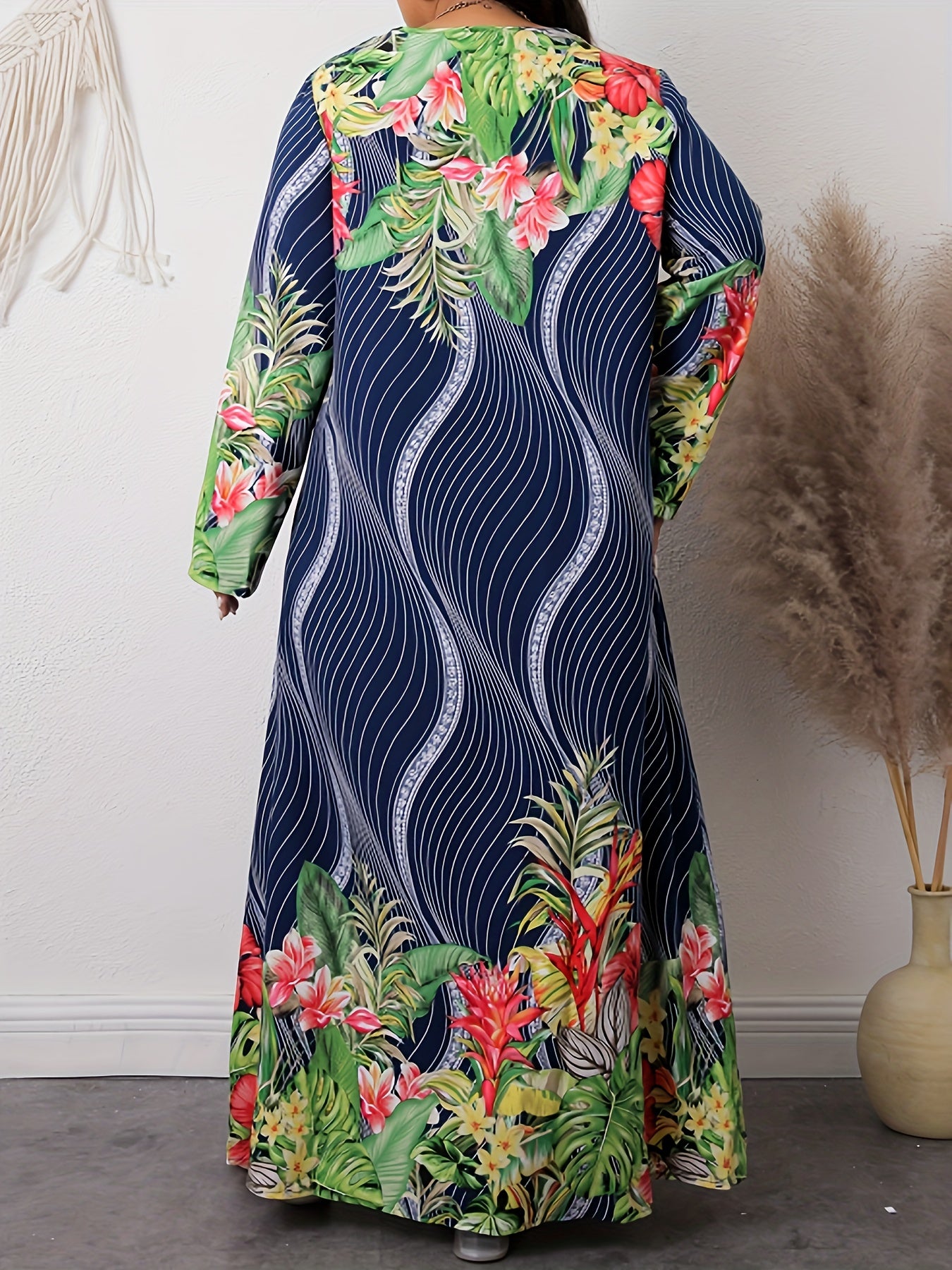  Stripe & Tropical Print Maxi Dress