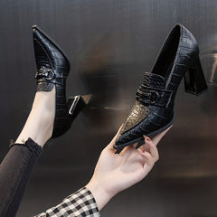 Women's Croc Print Court Pumps Buckle Decor Slip On Chunky Heels