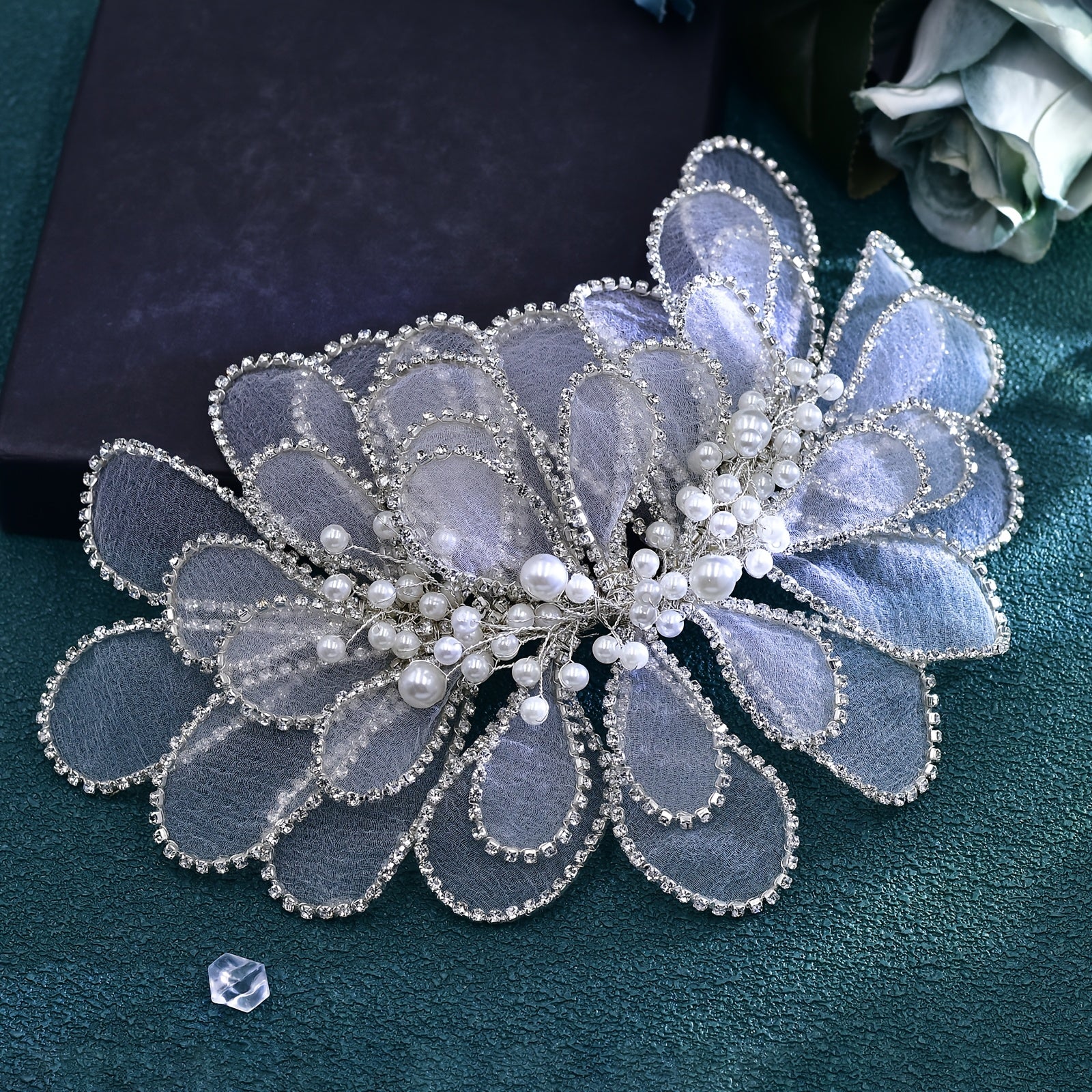 Faux Pearl & Tulle Leaf Floral Lace Headpiece for Weddings