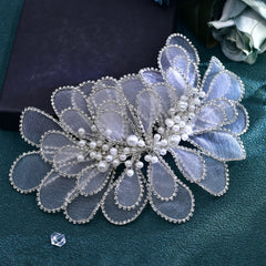 Faux Pearl & Tulle Leaf Floral Lace Headpiece for Weddings