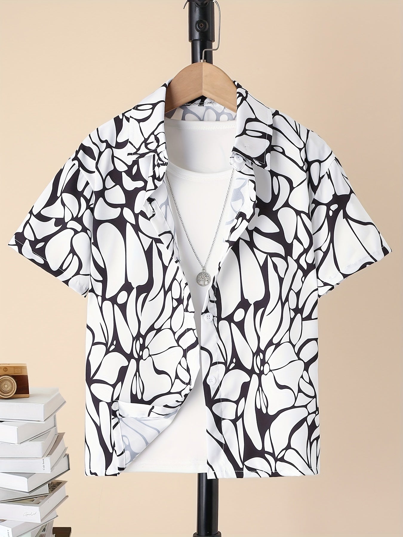 Boys Geometric Print Button Down Shorts Set