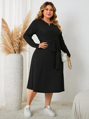  Solid Jacquard Long Sleeve Midi Dress With Belt