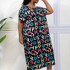  Casual Loungewear Dress Colorful Letter Print Short Sleeve Nightdress