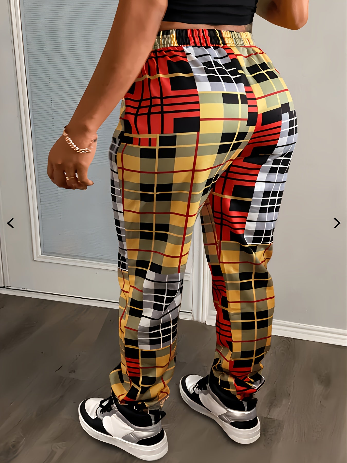 Colorblock Plaid High Waist Joggers
