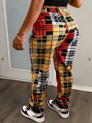  Colorblock Plaid High Waist Joggers