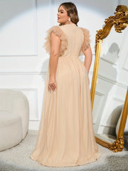  Solid Contrast Mesh Butterfly Sleeve Maxi Dress