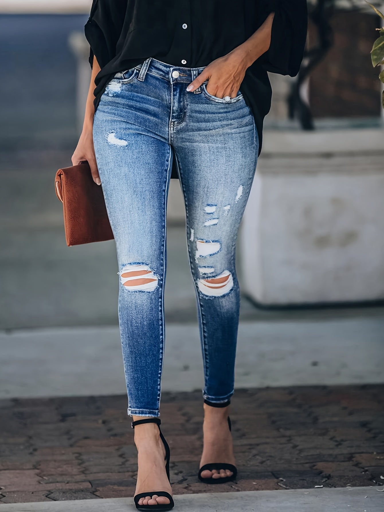 Women's Plus Ombre Ripped Button Fly High Rise Skinny Jeans