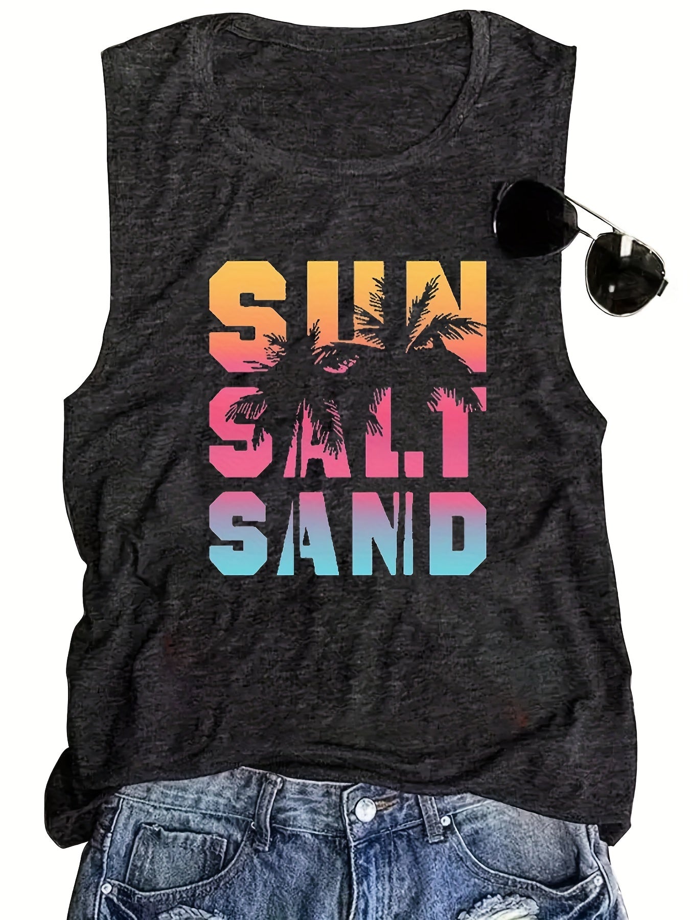 Coconut Tree & Letter Print Tank Top Crew Neck Sleeveless Summer Top