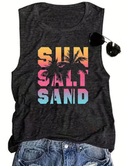 Coconut Tree & Letter Print Tank Top Crew Neck Sleeveless Summer Top