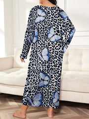  Leopard & Butterfly Print Long Sleeve Nightdress