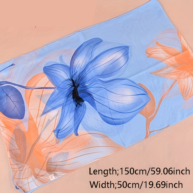 Lotus Print Chiffon Scarf Block Boho Sunscreen Shawl Windproof Head Wrap