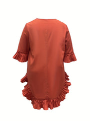  Casual Dress Solid Ruffle Trim Half Sleeve Loose Fit Mini Dress