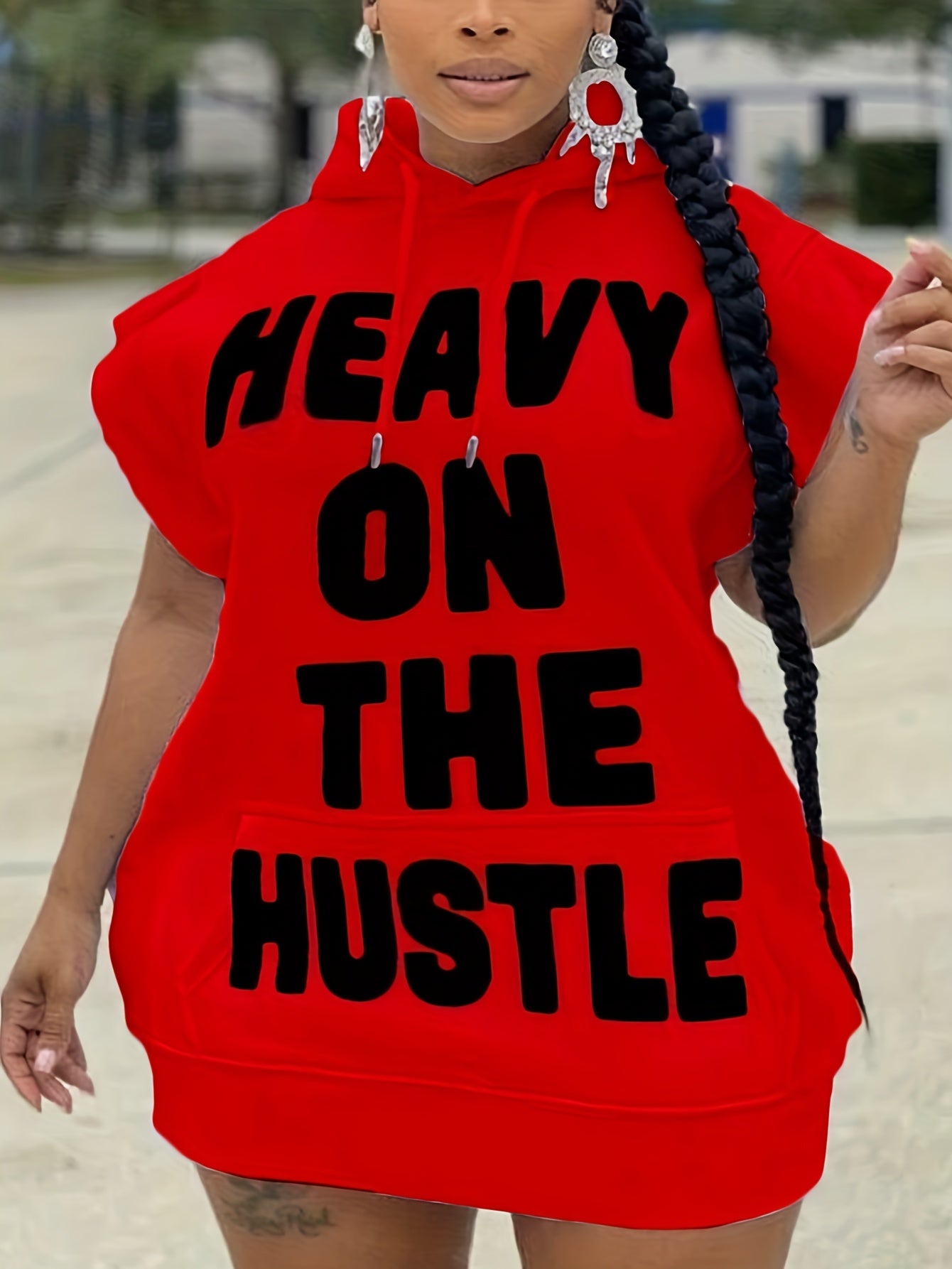  Slogan Print Drawstring Cap Sleeve Mini Hoodie Dress