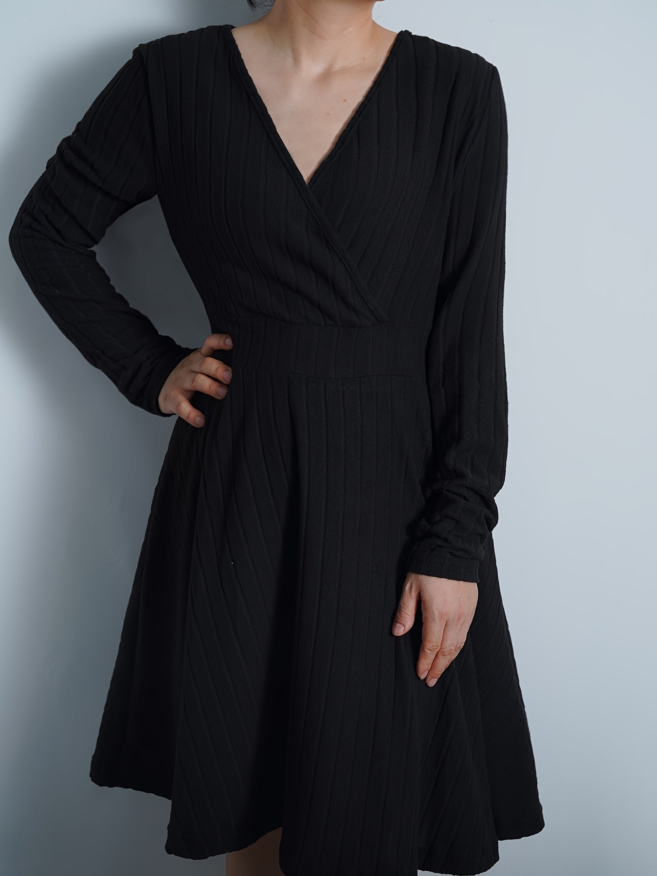  Solid Long Sleeve Surplice Neck Ribbed Knit Sweater Dress