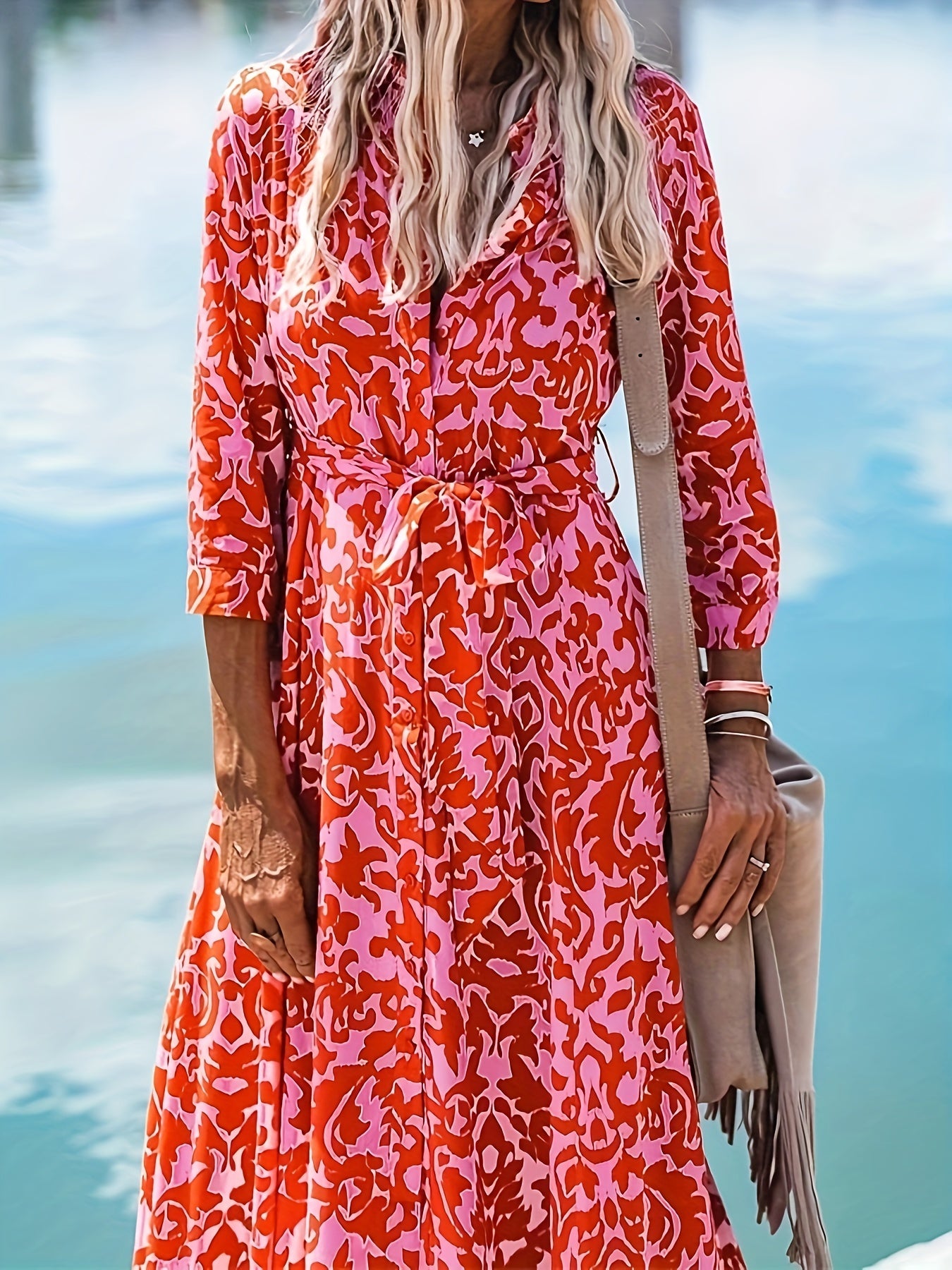  Boho Dress Allover Print Maxi Shirt Dress