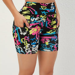 High Waist Yoga Shorts with Pockets Graffiti Print