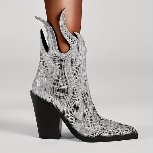 Rhinestone Pointed Toe Ankle Boots Chunky Heels Short Boots