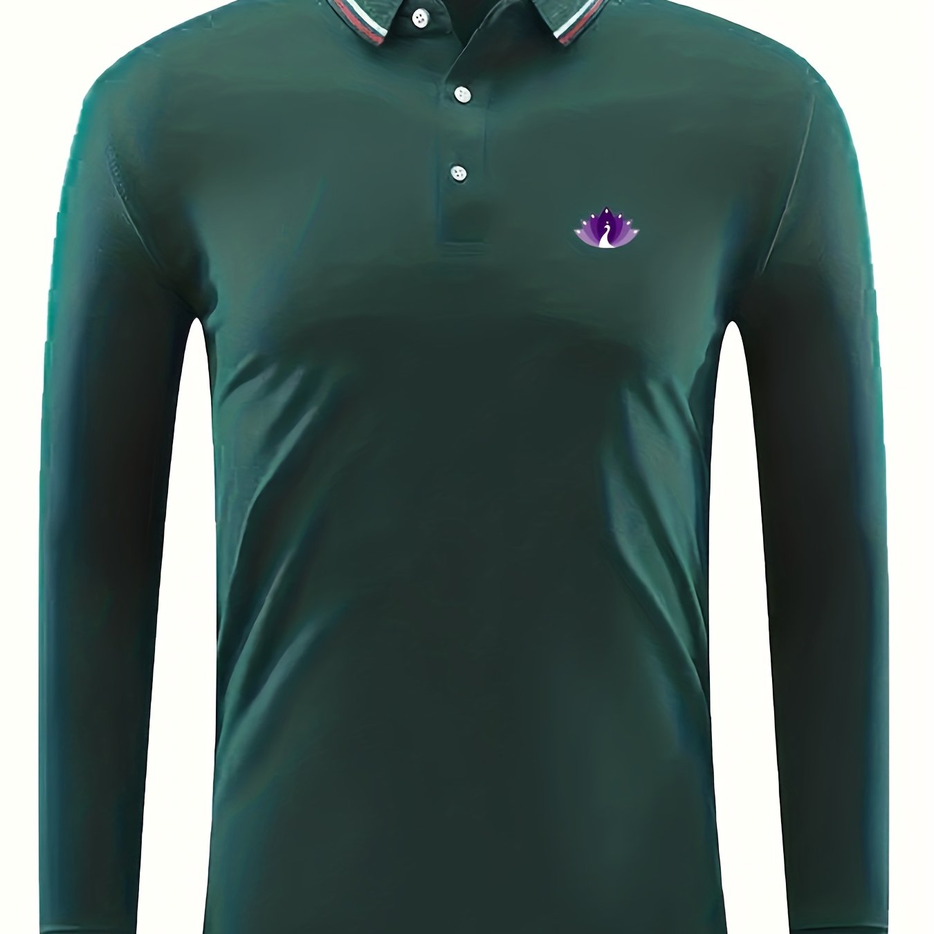 Purple Peacock Print Men's Lapel Polo Shirt Casual Button Up Long Sleeve Top