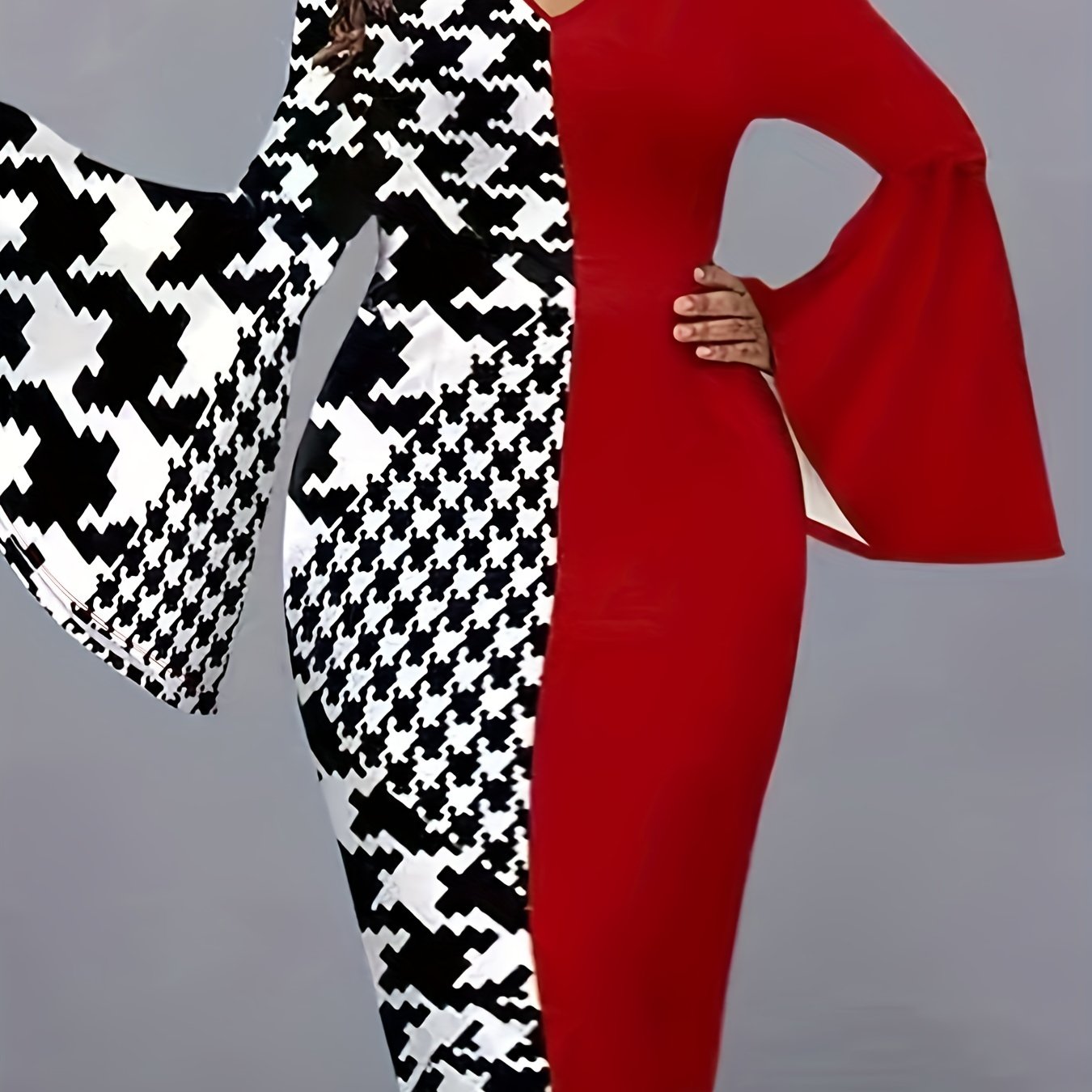  Colorblock Houndstooth Bell Sleeve V Neck Midi Dress