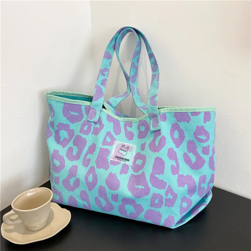 Pink Leopard Shoulder Bag Large Capacity Women's Bag Canvas Bucket Handbag