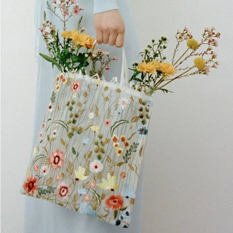 Floral Embroidered Mesh Shoulder Bag Summer Style Eco Shopping Tote