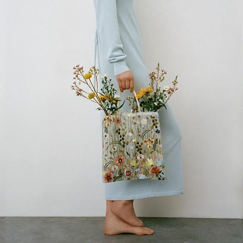 Floral Embroidered Mesh Shoulder Bag Summer Style Eco Shopping Tote